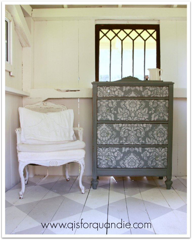 stenciled dresser with chair