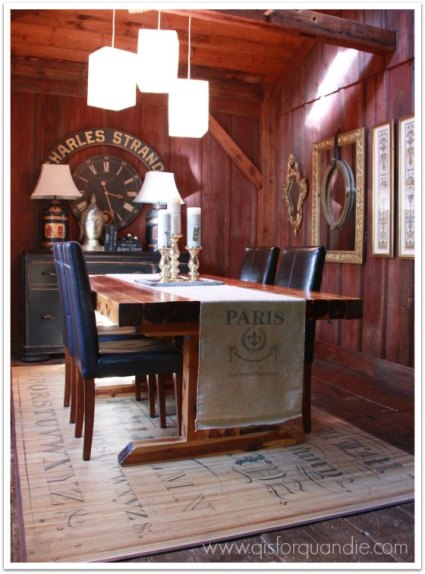 dining room with barn wood walls